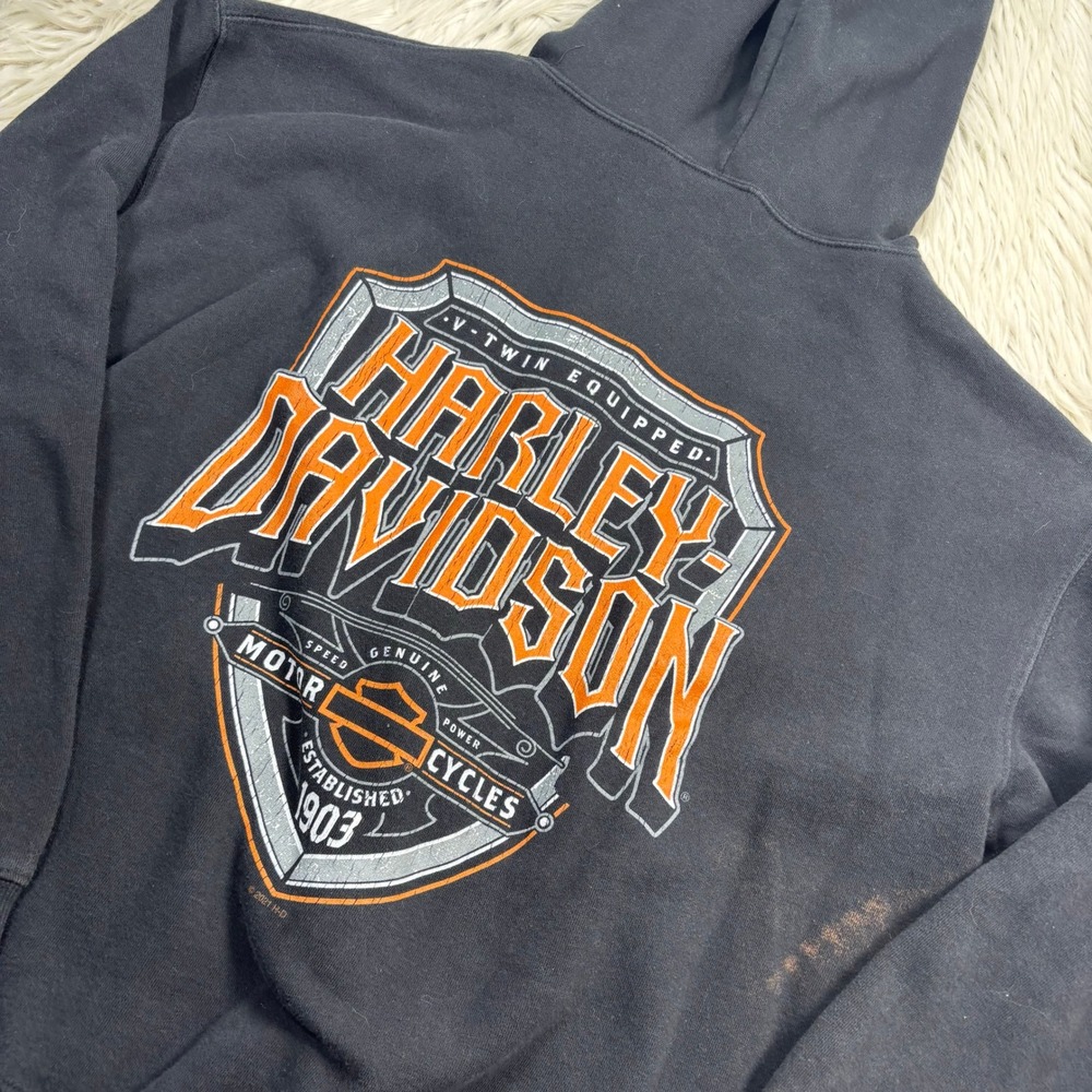 Harley Davidson Men's XL Black Graphic Zip Hoodie Tacoma WA Distressed Biker